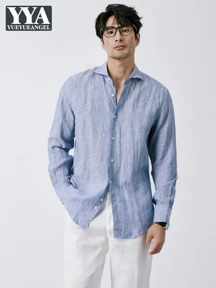 

Spring Summer Mens Casual Linen Long Sleeved Shirts Single Breasted Loose Fit Turndown Collar Shirt Business Hot Sale Male Tops