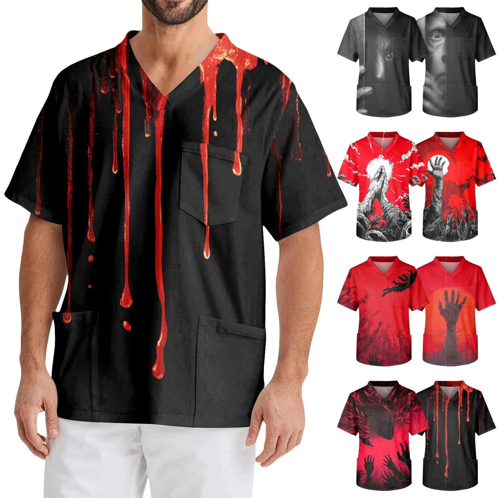 ‌Halloween Horror Graphic Tees Trendy Short Sleeve Shirts Spooky Blood Print Tops Fashion Scary Party Wear