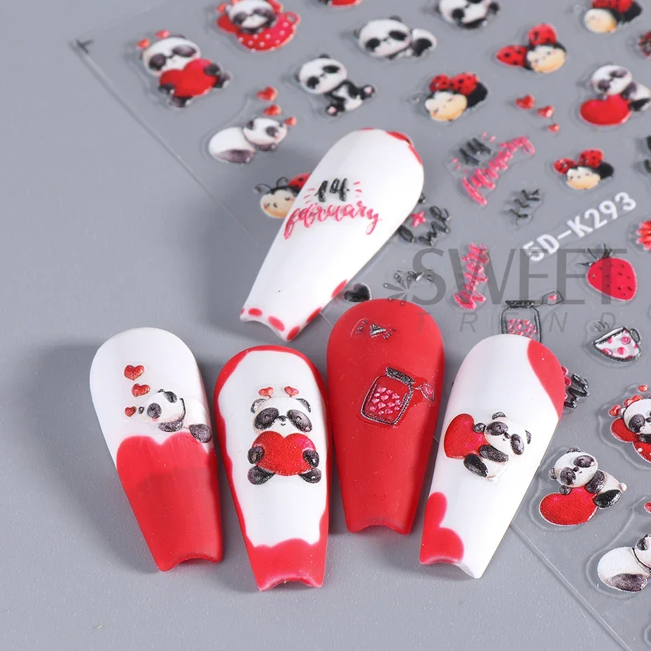 5D Cute Valentine adesivi per unghie in rilievo Cartoon Panda coccinella bambola cuore rosso lettera ti amo cursore inciso Manicure Decor