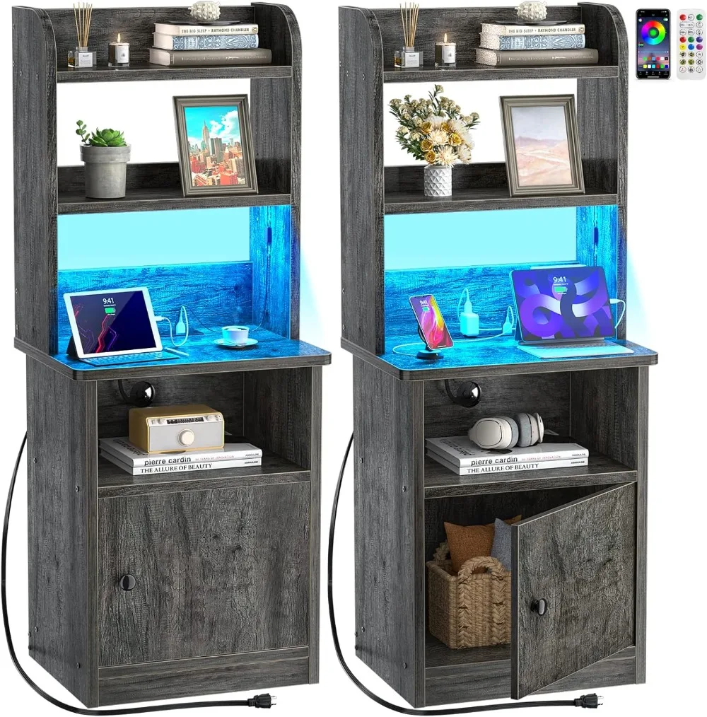 Tall Nightstands Set of 2 with Charging Station and LED Lights - 47