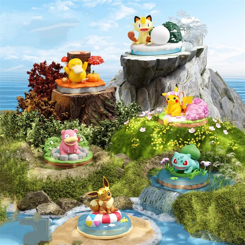 Anime New Pokemon Pikachu Psyduck Eevee Scene Desktop Decoration Creative Cartoon Doll Figure Bedroom Office Accessories Gift
