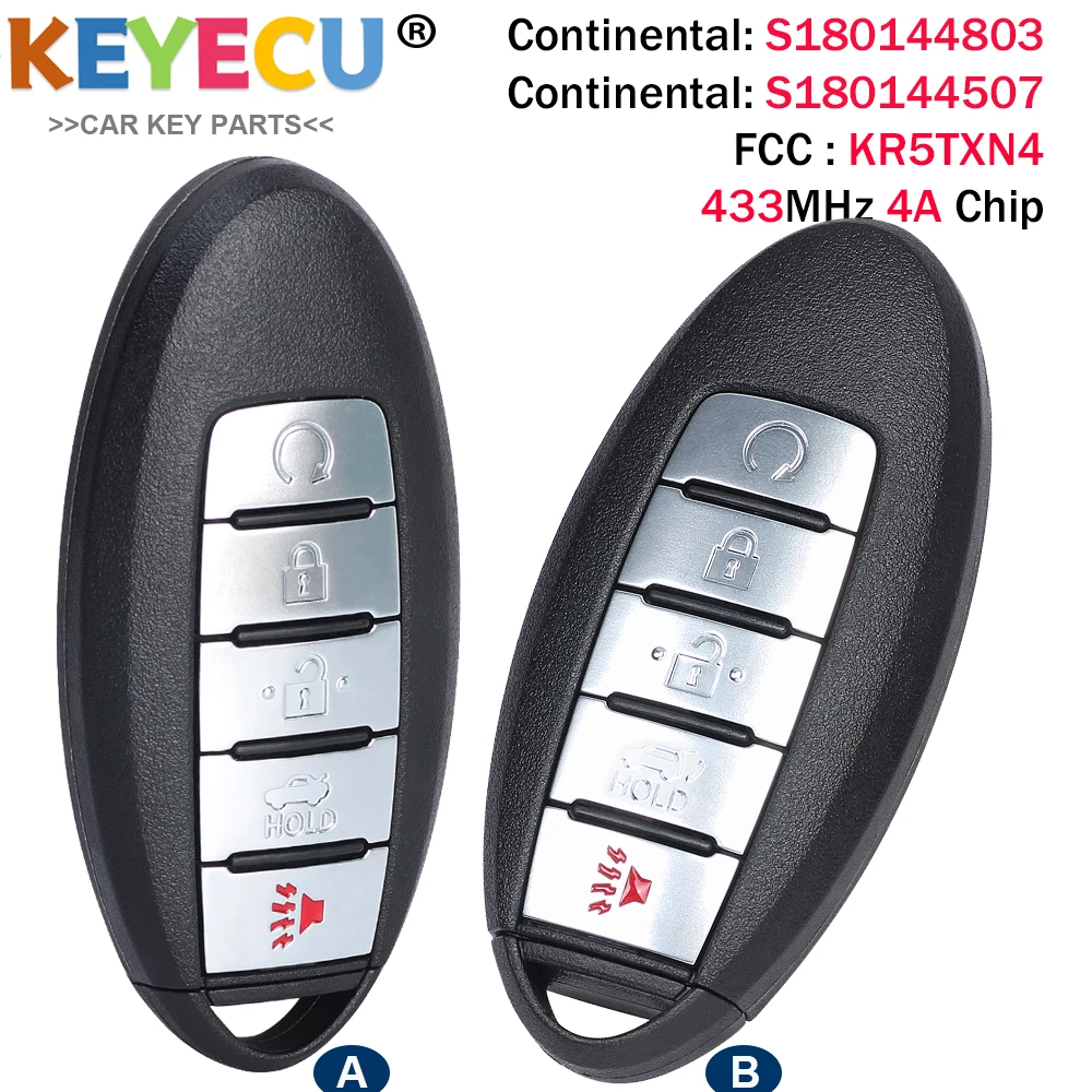 KEYECU KR5TXN4 Smart 5 Button Key for Nissan Rouge Altima 2019 2020 2021,Fob 433Mhz 4A Chip 285E3-6RR7A S180144507 S180144803