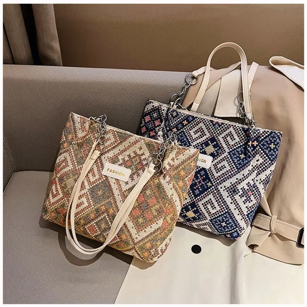 Women Canvas Shoulder Bags Eco Reusable Retro Ethnic Shopper Fashion Large Capacity Handbags Casual Simple Bag For Students