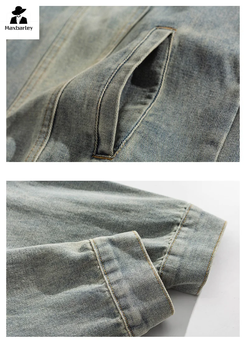 Vintage Wear Out Denim Jacket Men Women Fashion Brand Pocket Lapel Blue Denim Coat Autumn Youth Workwear Windproof Loose Jacket