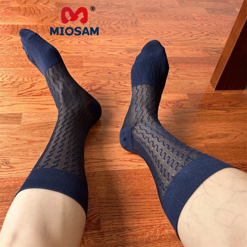 Miosam Custom Logo Unique Design Wavy Streak Solid Colors Business Thin Dress Socks Breathable Men's Socks Nylon Comfortable