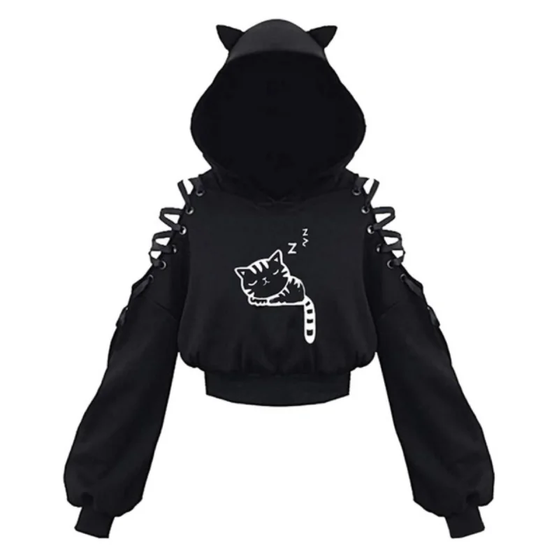 Gothic Punk Long Sleeve Sweater, Cute Cat Open Belly Button, Bandage Sweater, European and American, Y2K, 2024, New