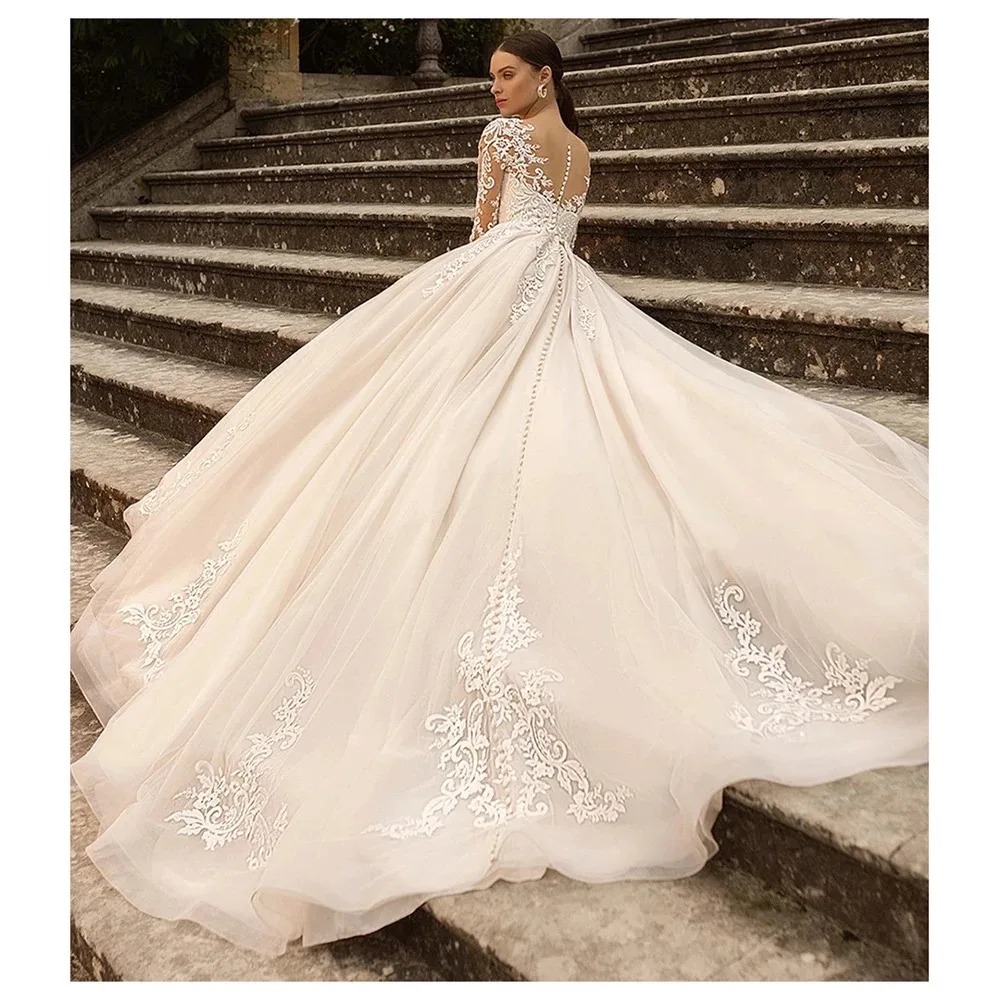 Elegante illusie trouwjurk met volledige mouw kant applique bruidsjurk v-hals aangepaste bruidjurk vestido de novia