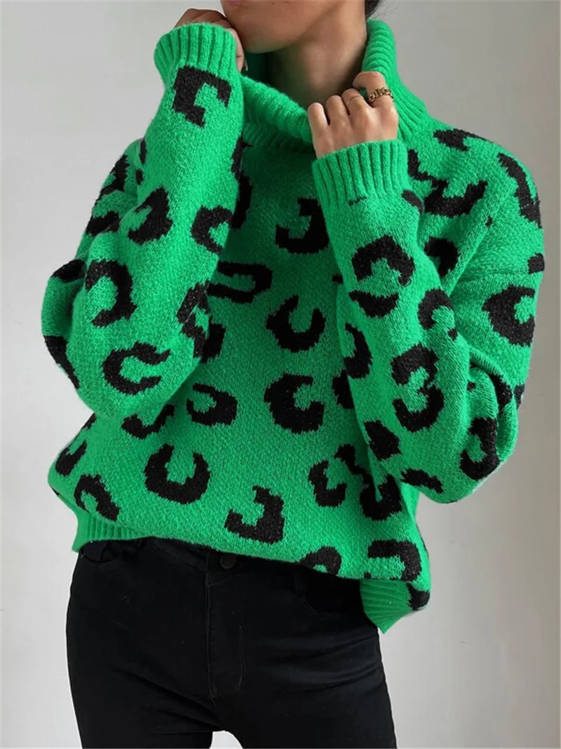 

Autumn and Winter European and American Fashion New High Neck Pullover Knitted Leopard Print Sweater Women's Loose Casual Top