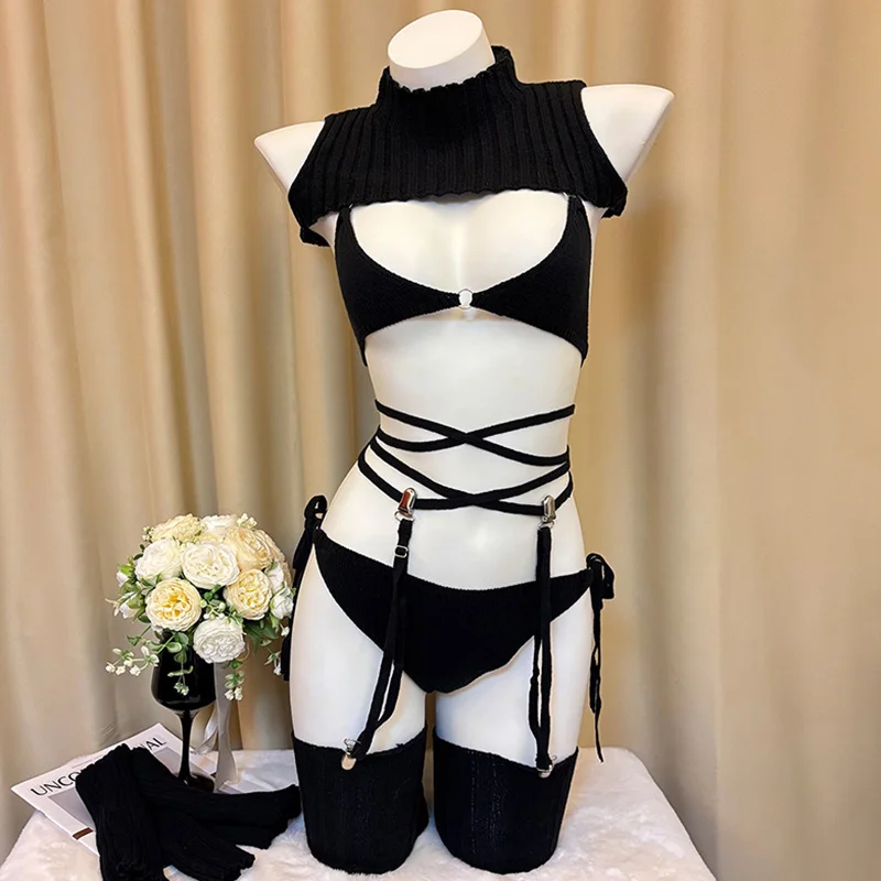 

Anime Cat Girl Cosplay Costume Sexy Turtleneck Bra Bikinis Bandage Sweater Garter Stockings Outfit Cute Role Play Lingerie