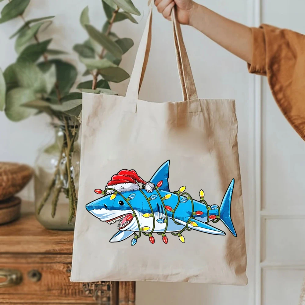 Cute Christmas Shark Lights Tote Bag for Women Funny Christmas Gift Women's Handbag's Christmas Gift for Her Tote Bag for Womens