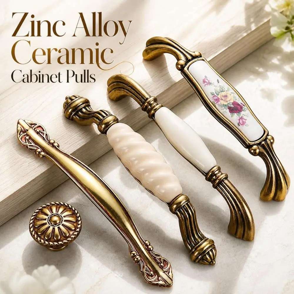 Zinc Alloy Ceramic Cabinet Pulls European Style Antique Gold Vintage Drawer Handles Sturdy Retro Antique Dresser Knobs Furniture