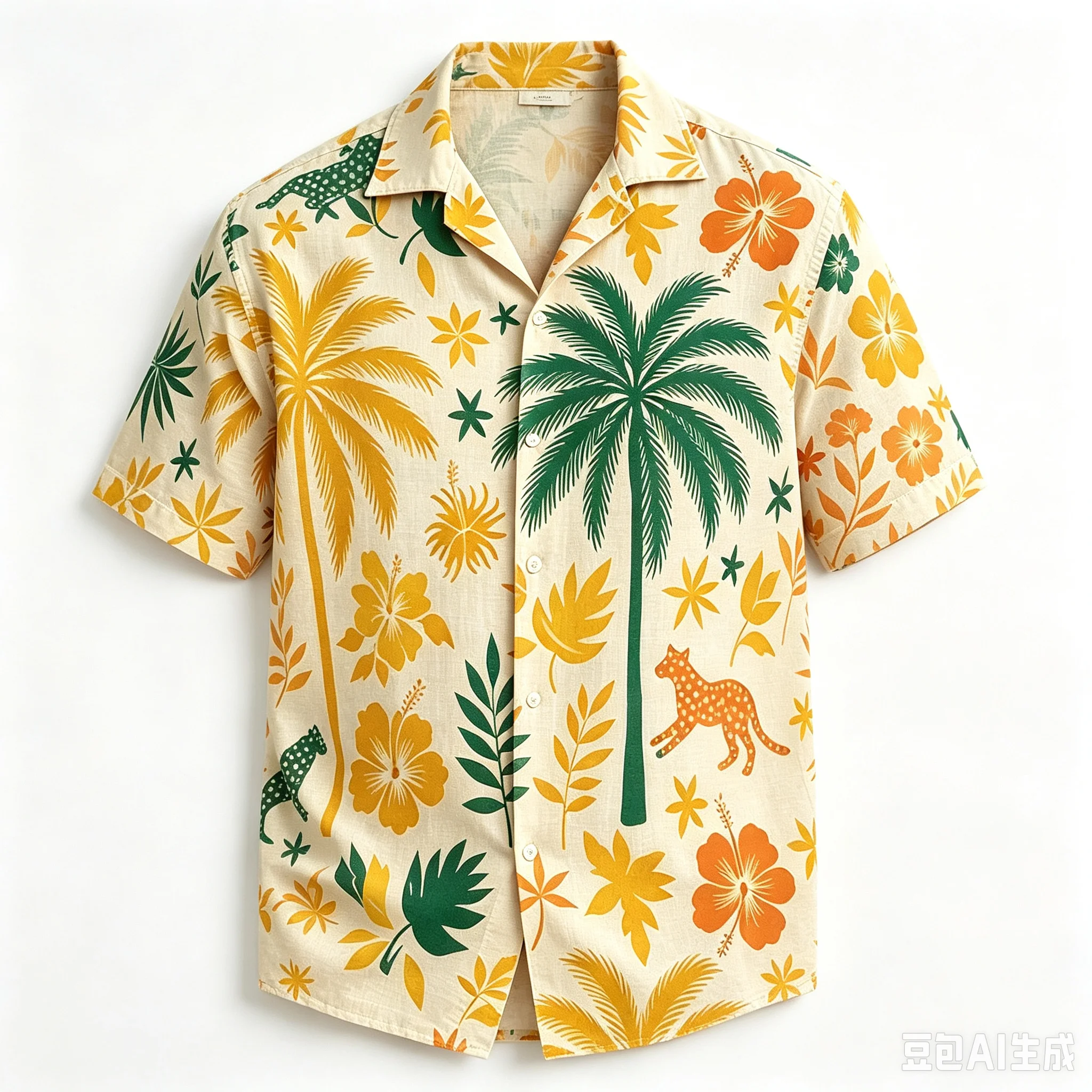 Men's Tropical Parrot & Leopard Print Short Sleeve Shirt, Beige Base Accents, Casual Hawaiian Top for Spring & Summer