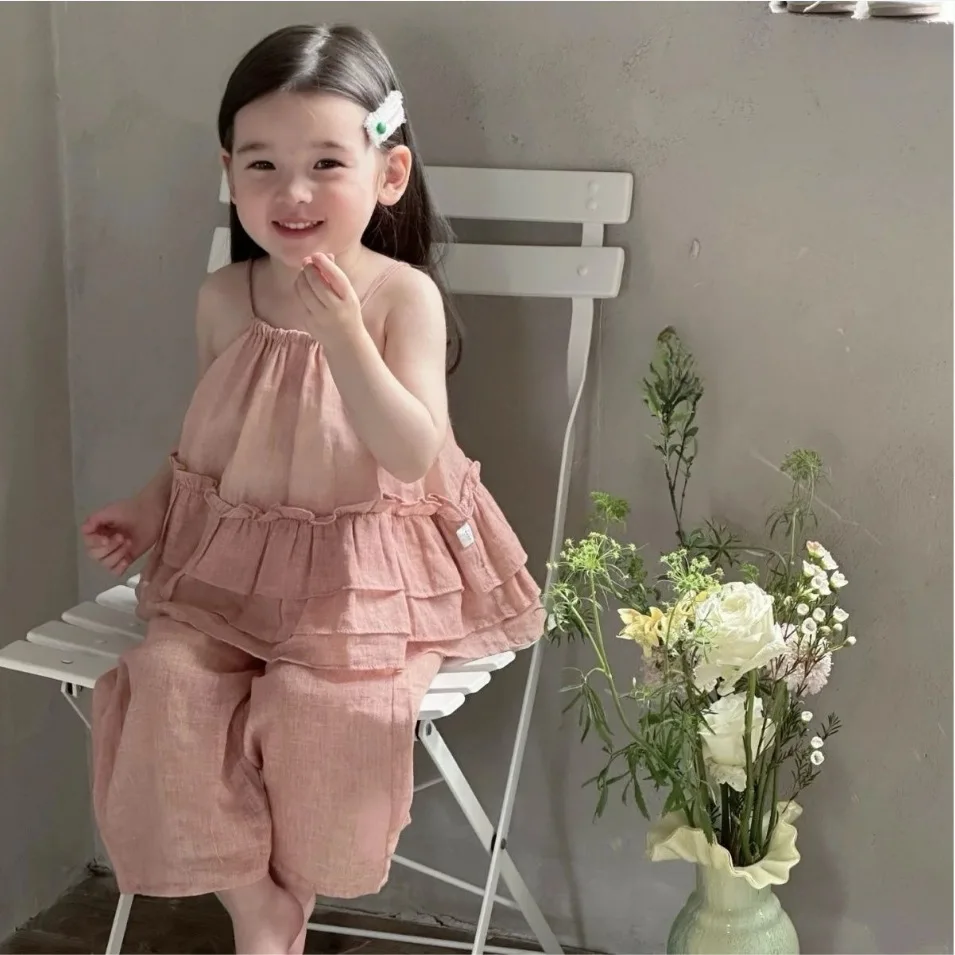 

Girls Summer Set 2026 New Stylish Children Korean Suspender Doll Shirt Lace Wide Leg Pants Two-piece Set Trendy