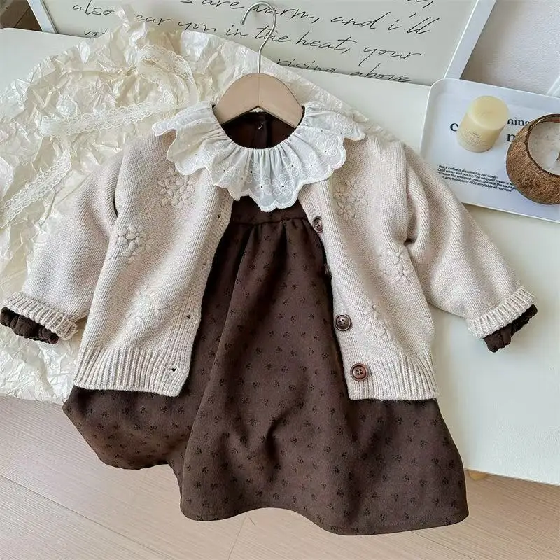 

Girls Dress Spring and Autumn New Style Children's Retro Hook Flower Knitted Cardigan Broken Flower Dress Two Piece Set 80-130CM