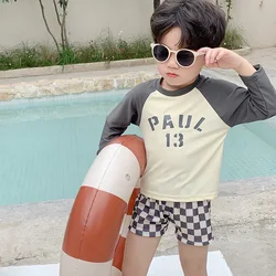 Meninos do bebê de secagem rápida carta impressão top e manta calção de natação, conjuntos de moda banho verão infantil, roupa de banho, surf, manga comprida