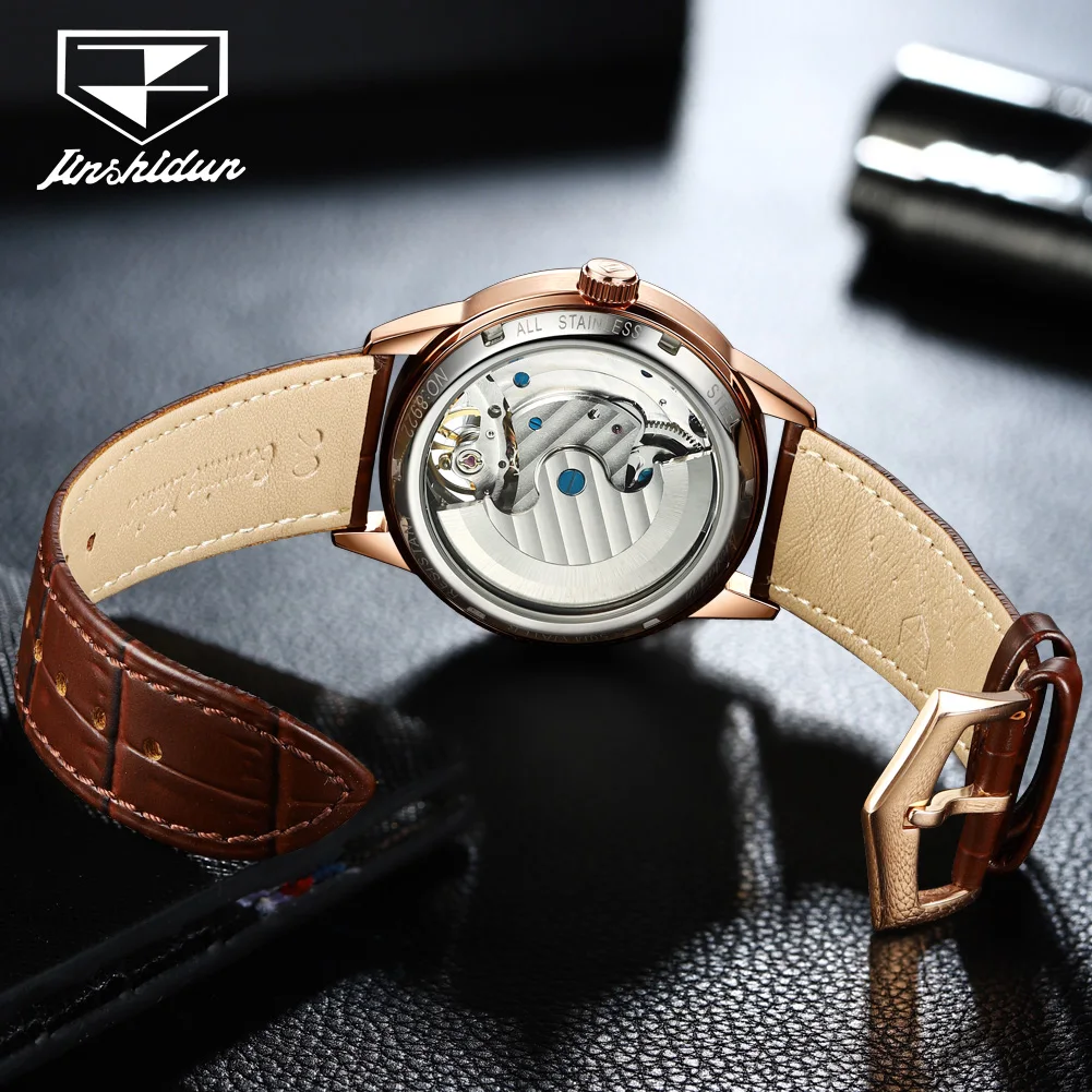 JSDUN 8922 Skeleton Hollow Mechanical Watch for Men Leather Strap 50m Waterproof Original Top Luxury Automatic Men\'s Wristwatch