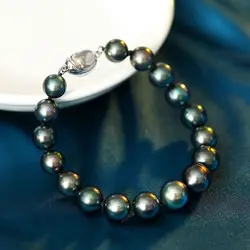 UMQ Natural Sea Black Pearl Tahitian Peacock Green Perfect Circle Flawless Strong Light Colorful Bracelet Gift Authentic