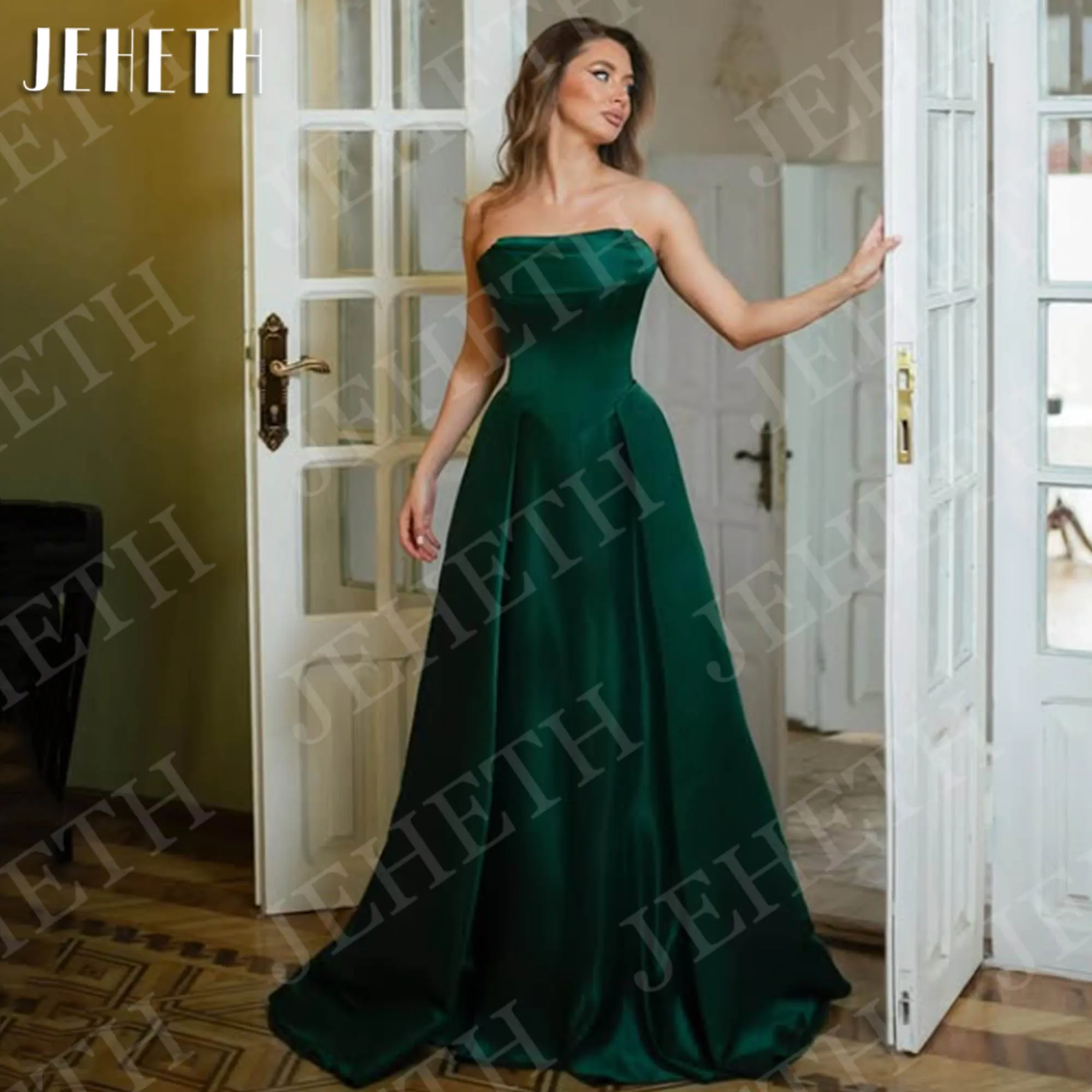 

JEHETH A Line Prom Dresses Green Customized Vintage Strapless Satin Evening Dress Floor Length vestidos de fiesta elegantes