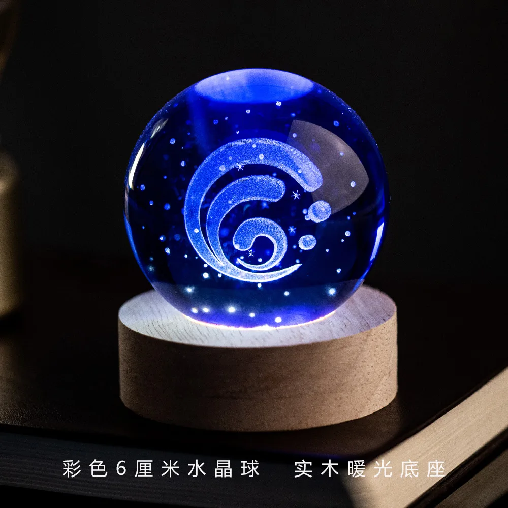 Genshin Impact Vision 3D gegraveerde kristallen bol nachtlampje 6CM met houten warme lichtbasis bureaudecoratie voor anime game fans