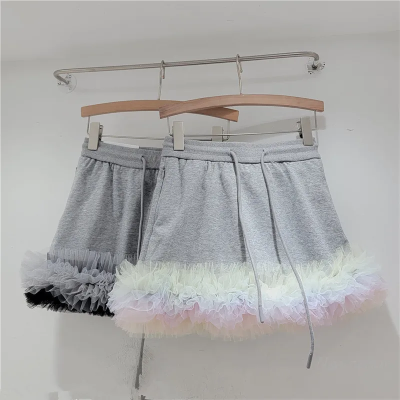 

2024 Summer New Mesh Lace Stitching Drawstring Elastic Waist Slimming Youthful-Looking Skirt for Women Short Grey Skirts