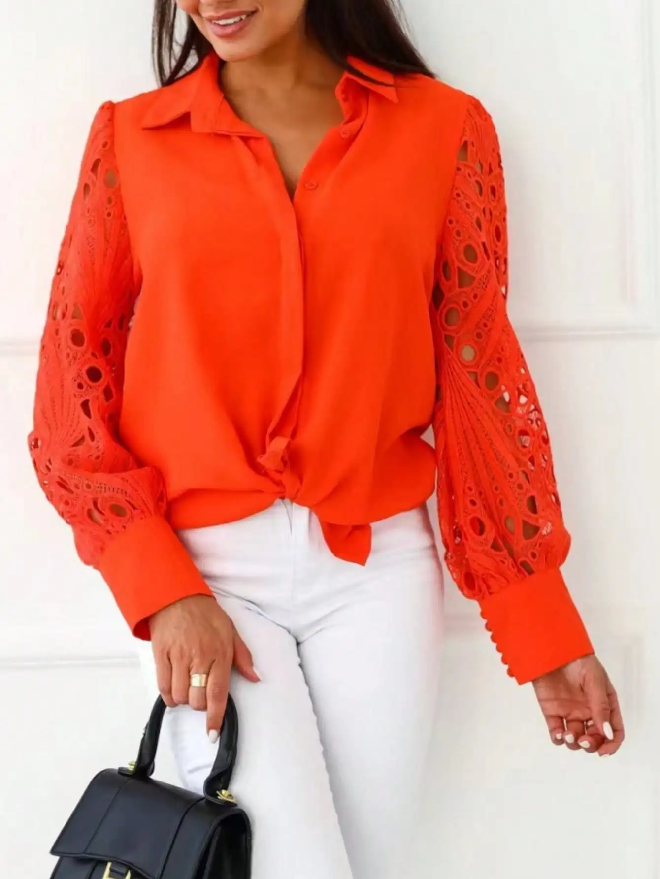 Plus Size 1XL-5XL Women's Elegant Lace Blouse Button Ladies Fashion Long Sleeve Lace Splicing Blouse Shirt