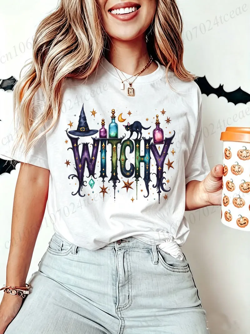 Women's Witchy Graphic T Shirt Halloween Witch Hat Black Cat Moon Star Print T-Shirts Short Sleeve Casual Witch Party Tee Tops