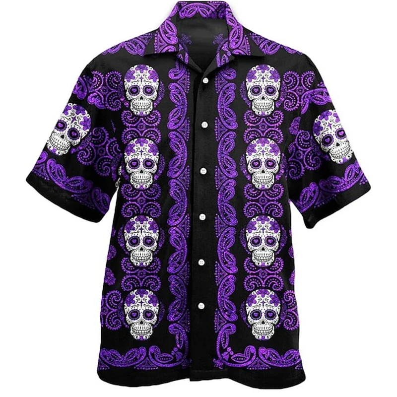 New Skull Lapel Men\'s Shirt Horror 3D Print Casual Hawaiian Shirt Men\'s Retro Shirt Button Up Men\'s Short Sleeve Shirt