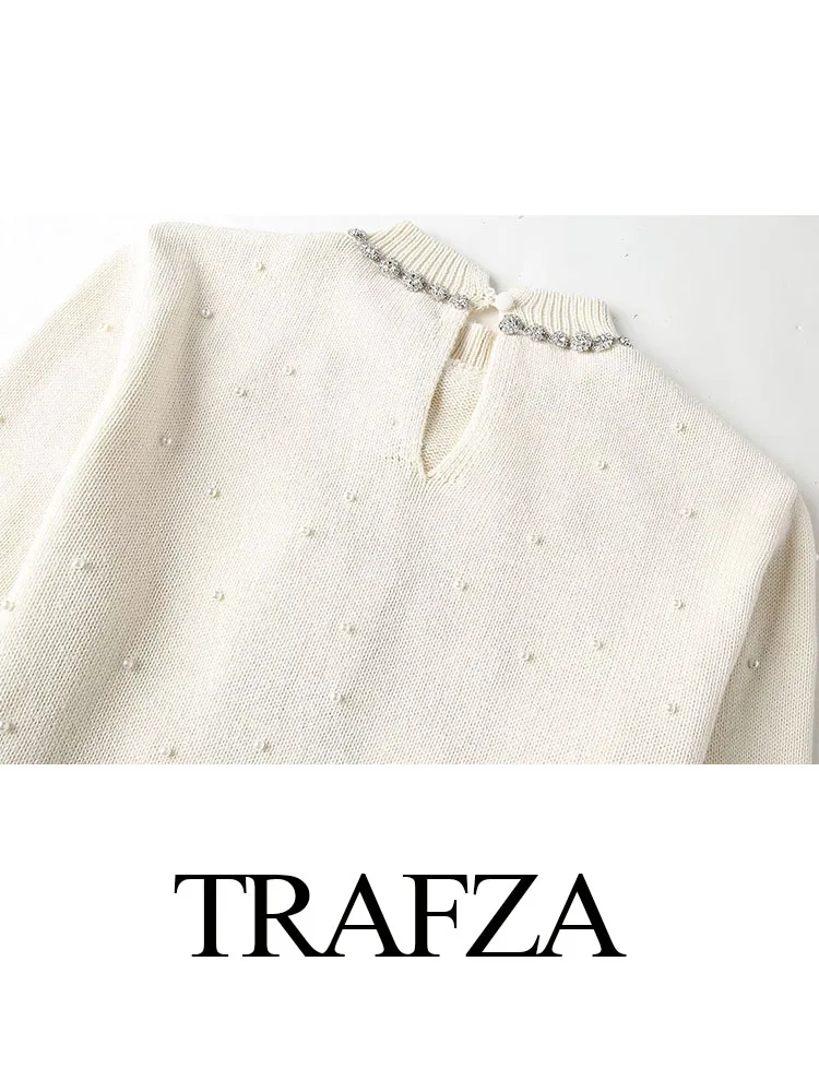 TRAFZA Women\'s Summer Fashion Casual Solid Crew Neck Long Sleeves Pullovers Sweater Female Chic Elegant Slim Knitted Tops TRAF