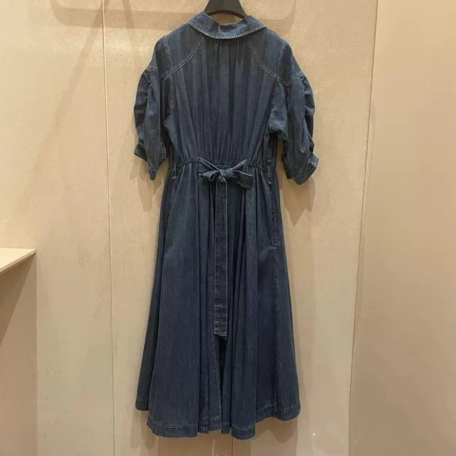 Casual Faionable  Collar Pleated Waist Belt Design Bubble Sve ort Sve Denim Dr Cotton Summer Ci Commute