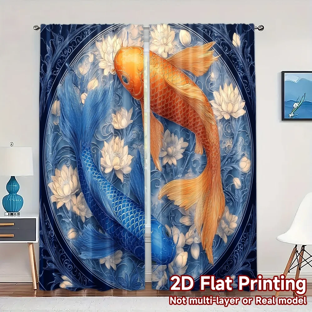 2pcs, 2D FLAT PRINTING Curtains (Without Rod) YinYang Koi Chic Curtain Cloth Versatile 100% Polyester Curtains All Seasons