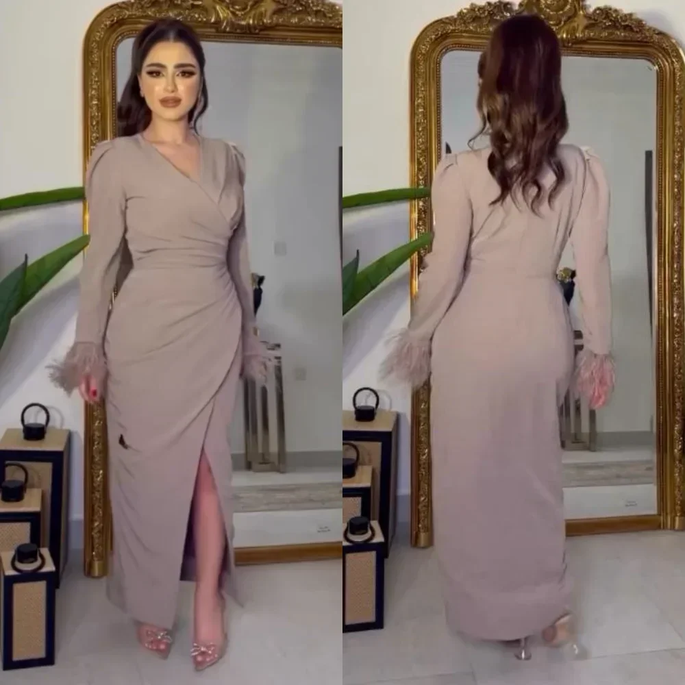 

Customized Sizes Available Feather Jersey Pleat A-line V-neck Midi Dresses Evening Dresses Classic Exquisite Modern Style Pastro