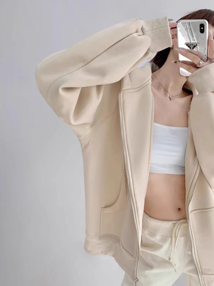 เสื้อคาร์ดิแกนแบบมีฮู้ดสีเทาสำหรับผู้หญิง แขนยาว สไตล์ลำลอง แจ็คเก็ตสปอร์ต แฟชั่นฤดูใบไม้ร่วงและฤดูหนาว ใช้งานได้หลากหลาย