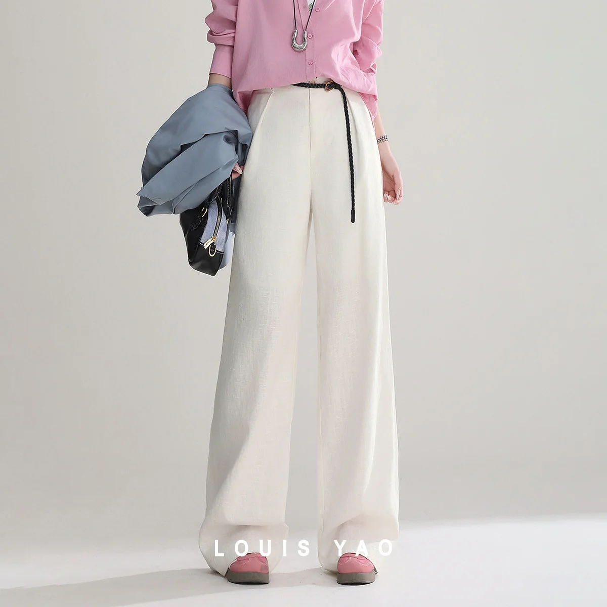 LOUIS YAO Slim High-Waisted Women's Pants 2026 Summer Detachable Belt Straight-Leg Draped Linen Cotton Casual Trousers