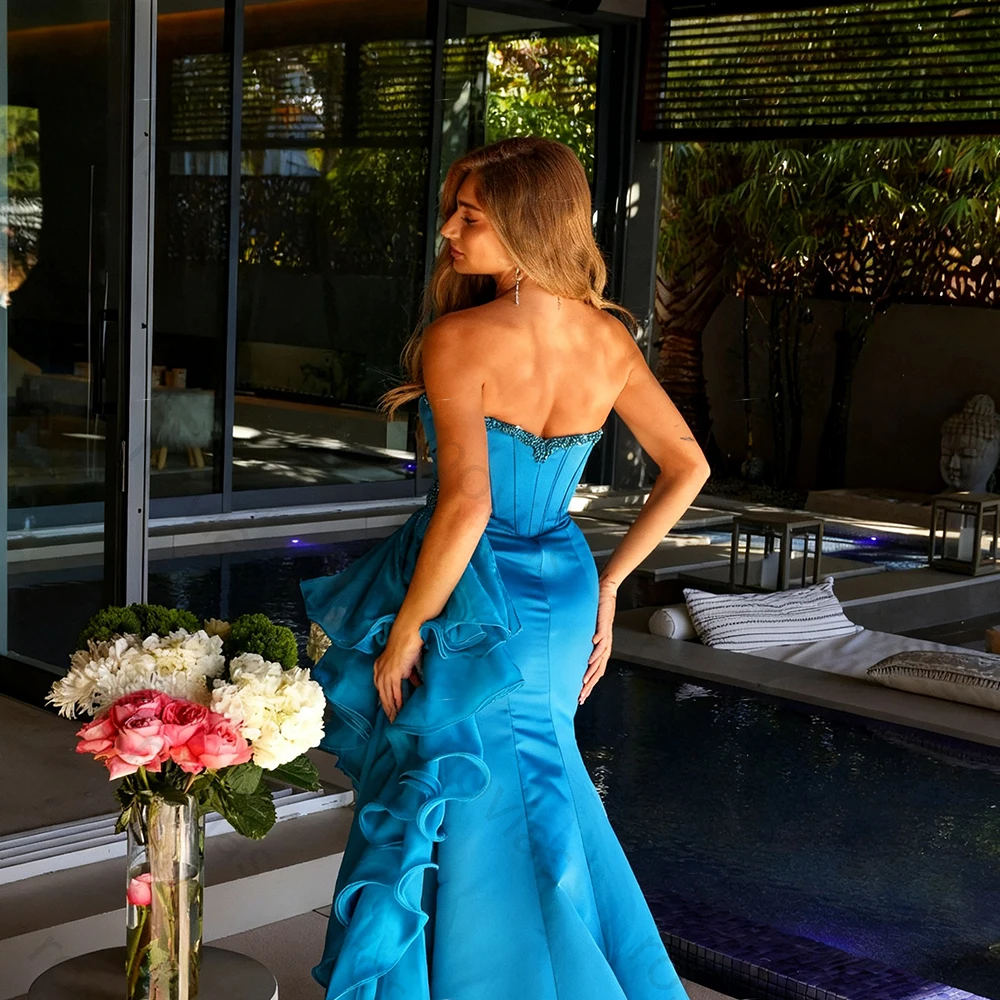 Wysokiej jakości niebieskie eleganckie suknie wieczorowe z dżerseju, do ziemi, z dekoltem w serduszko, bez rękawów, na studniówkę, z koralikami, falbanami, szyte na miarę.