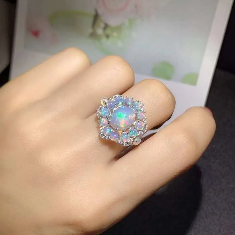 YULUM 8*10mm Australia Opal with 3mm Natural Opal Flower Design and Silver 925 Wedding Rings for Women