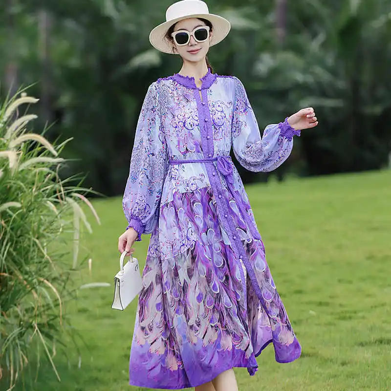 

2024 New Autumn Women's Small Stand Collar Single Breasted + Lace Up Elegant Holiday Silk Peacock Feather Print Dress One Size