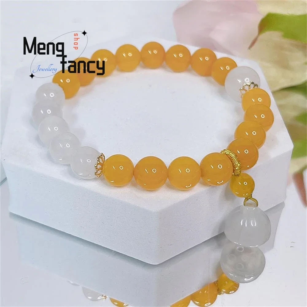 

Natural Chinese Style Retro Yellow Agate Bracelet Simple Lotus Seed White Jade String Exquisite Couple Luxury Fashion Jewelry