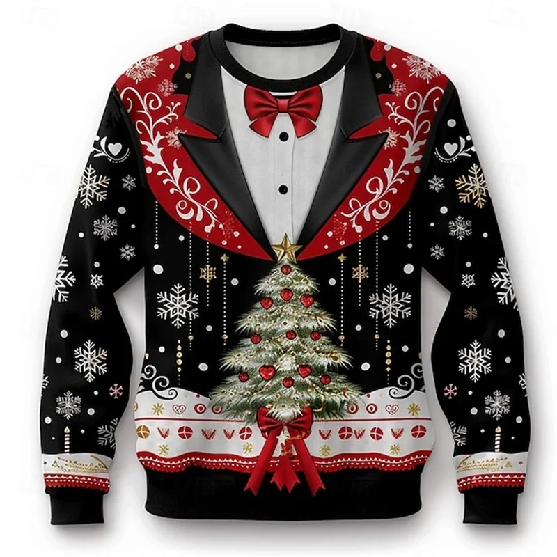 New Year Christmas Men's Crewneck Sweatshirts 3D Printing Bow Tie Cosplay Long Sleeve Pullovers Hoodie New In Mens Party Costume