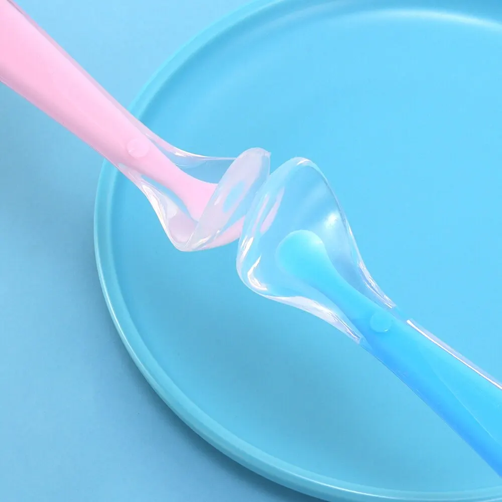 2Pcs Baby Silicone Spoon Set Kids Soft PP Plastic Pink Blue Safe Spoon With Box