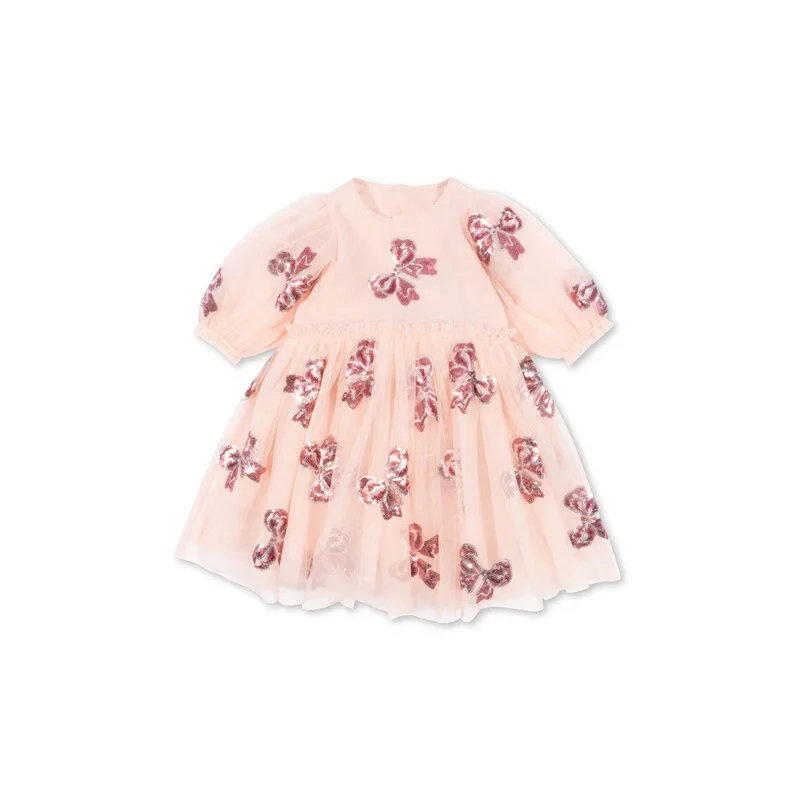 Girls\' Dress 2025 Summer Danish New Cute and Fashionable Bow Sequin Princess Style Girls\' Dress