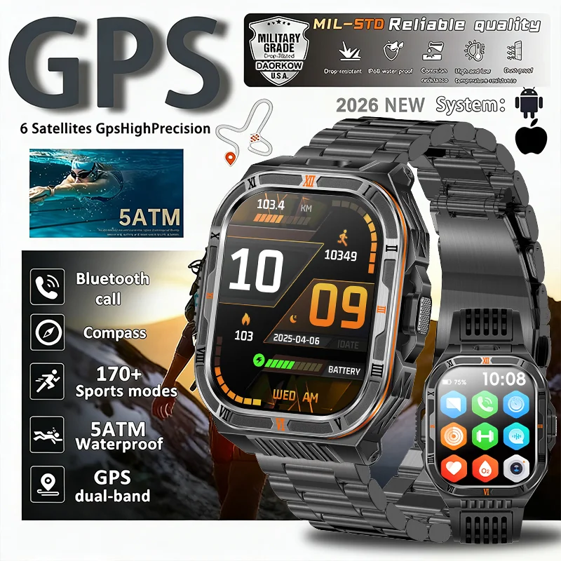 

2026 New 1100mah Big Battery Smart Watch 2.01 Inch Flashlight Compass 3ATM Waterproof Bluetooth Call 100+ Sports Smart Watch Men