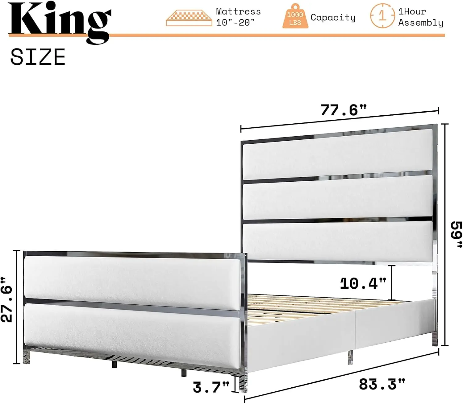 King Size Bed Frame, Velvet Upholstered Bed with Silver Trim Headboard & Footboard, Channel Tufted Platform Bed Frame