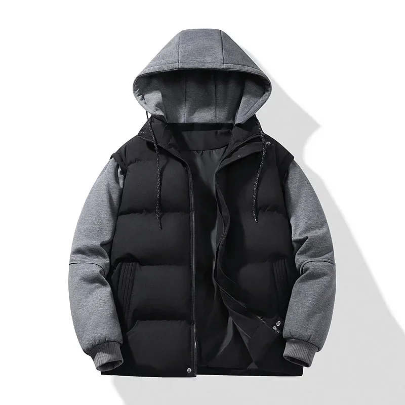 Men's Fake Two Piece Padded Hooded Jacket, Spliced Sleeve Design, Thick Warm Loose Casual Outerwear Coat for Autumn Winter