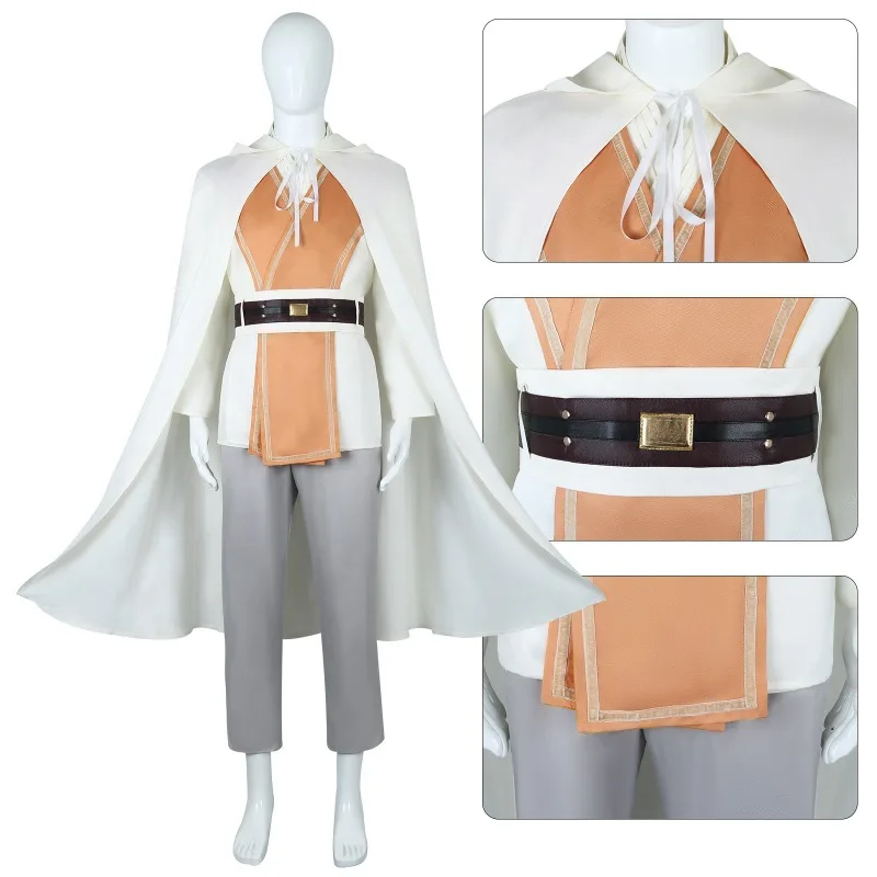 White Cape Sleeve Tunic With Tan Front Panel And Gray Trousers Fantasy Costume Set For Stage Performance Halloween And Role Play