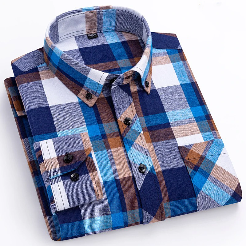 

Pure Cotton Fashion Plaid Shirts For Men's Long Sleeve Single Patch Pocket Design Young Casual Standard-Fit Flannel Shirt S-8XL