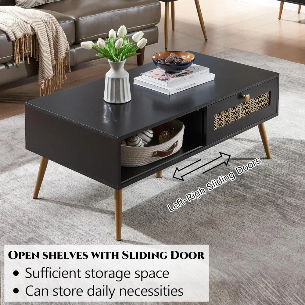 Mid Century Modern Rectangular Coffee Table with Sliding Door, Black for Living Room, Space-saving Design