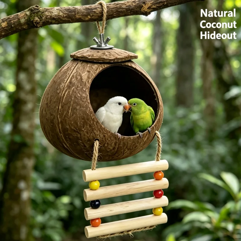 Coconut Shell Bird House With Ladder For Parrot Cage Indoor Durable Pet Gear