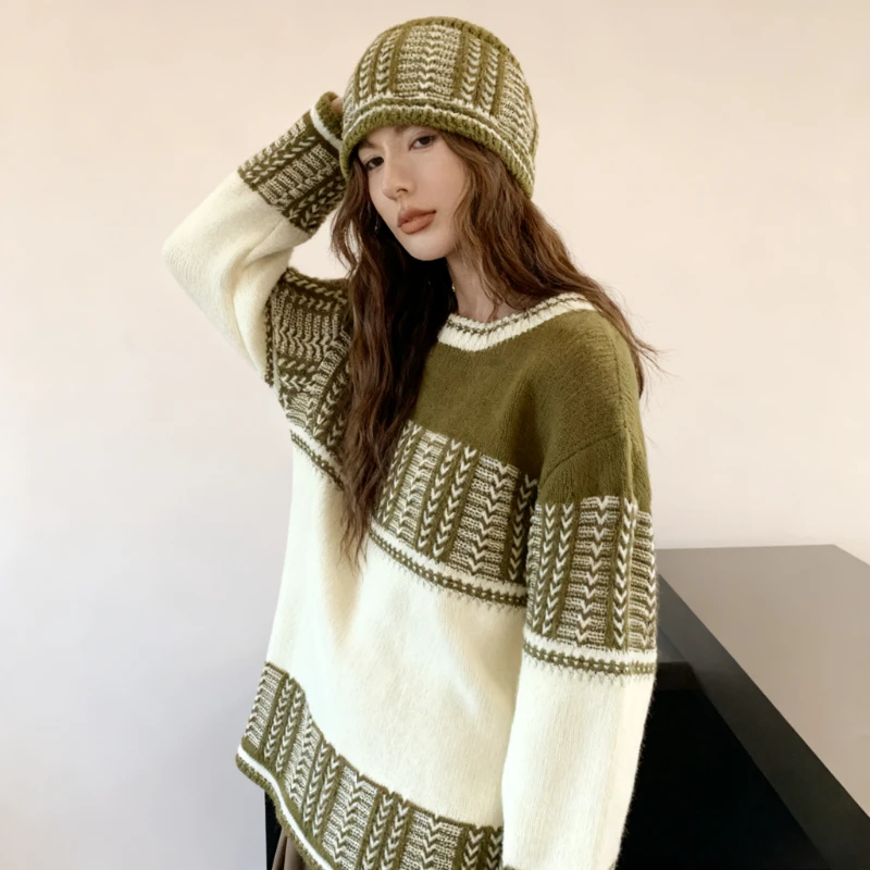 

NEW Korean Fashion Jacquard Crew Neck Women Pullover Cozy Sweater + Hat Loose Knitted Sweaters Long Sleeve Y2K Tops