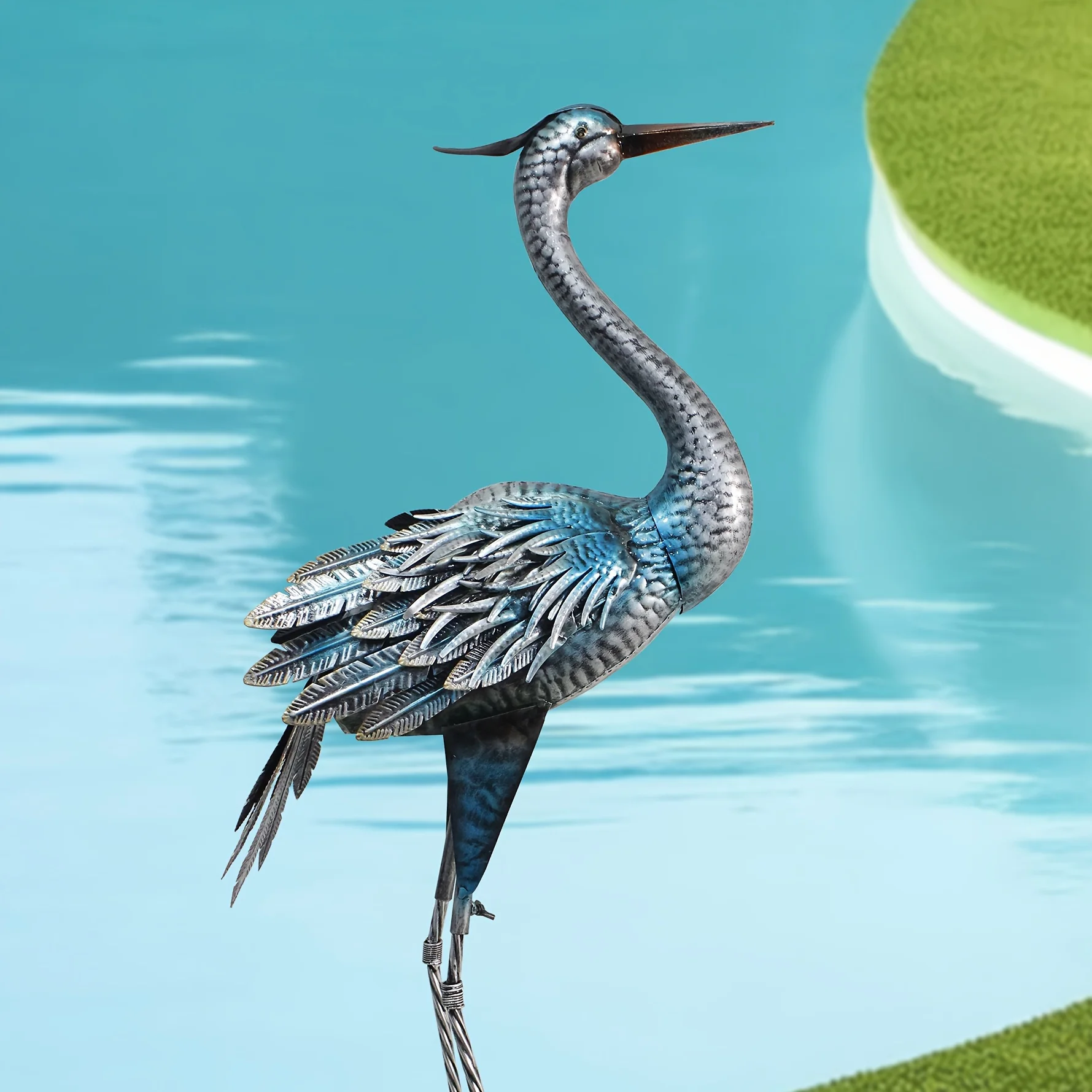 Elegant Blue Heron Metal Garden Statue - 40