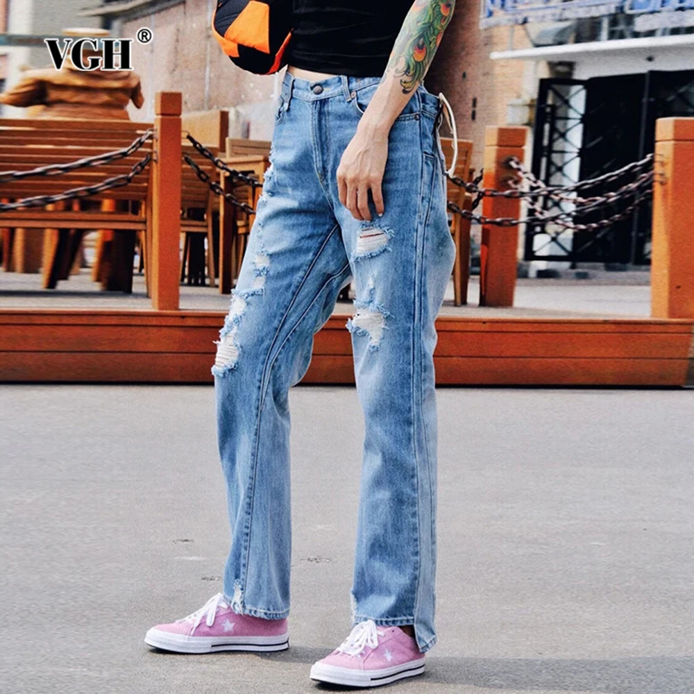 VGH Streetwear Holes Jeans For Women High Waist Patchwork Pockets Holes Soild Causal Straight Leg Denim Pants Female Fashion New